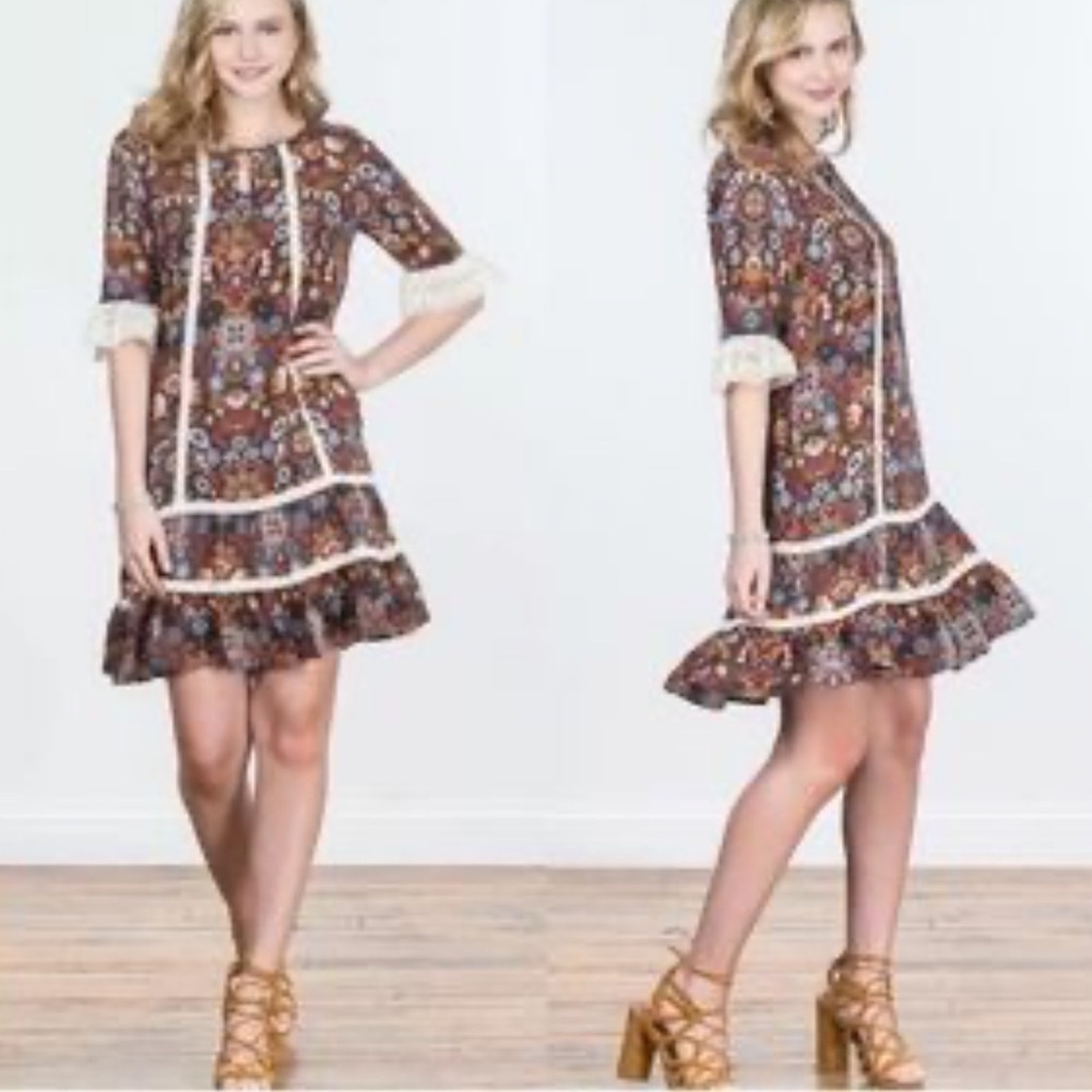 Matilda Jane Brown and Cream Floral Mini Dress Size Medium - Picture 11 of 11